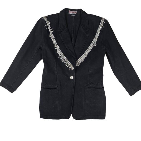 VTG Wanted Western Denim Jacket WIth Beaded Fringe Medium Black - Picture 1 of 10